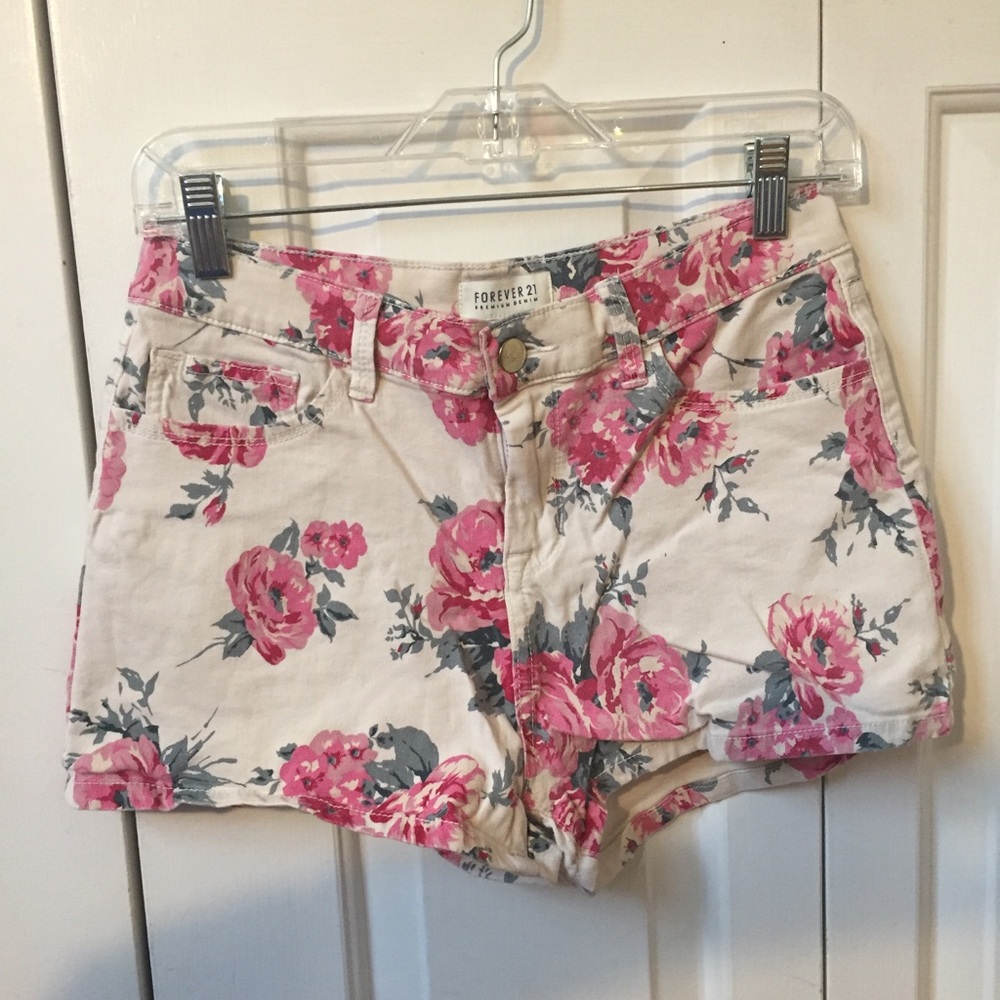 Floral denim high waisted shorts